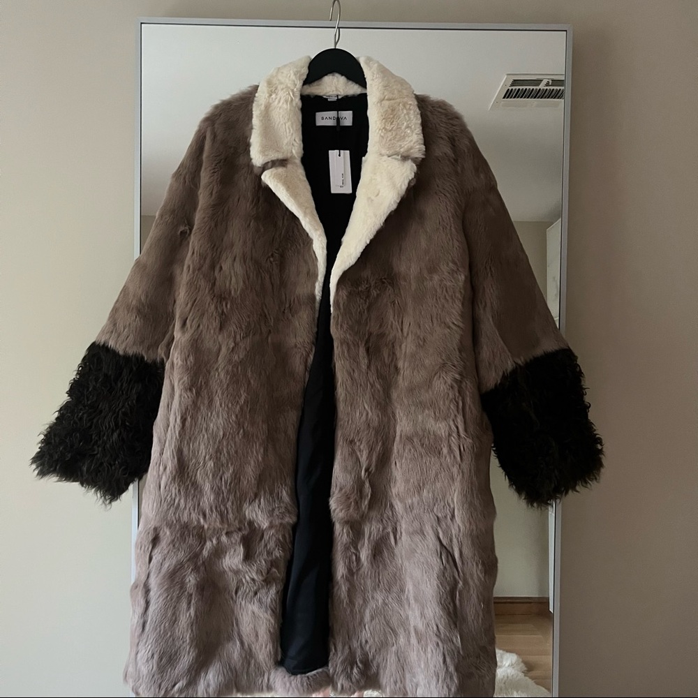 Sandova Color-block rabbit fur and Mongolian goat fur Coat